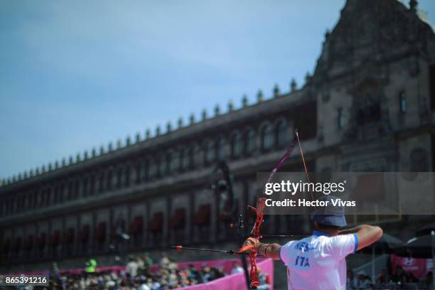 Mauro Nespoli of Italy lines up an arrow during the Gold: Recurve Men Team Competition as part of the Mexico City 2017 World Archery Championships at...