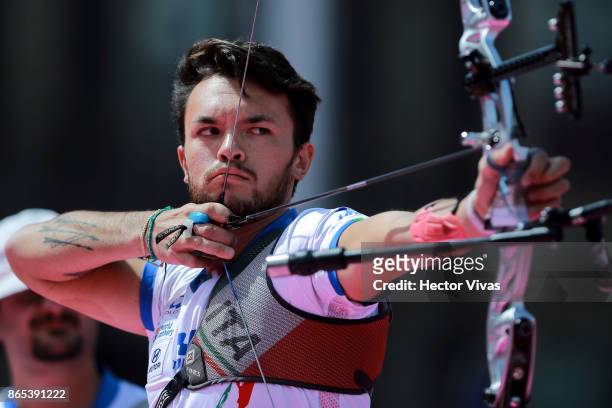 David Pasqualucci of Italy lines up an arrow during the Gold: Recurve Men Team Competition as part of the Mexico City 2017 World Archery...