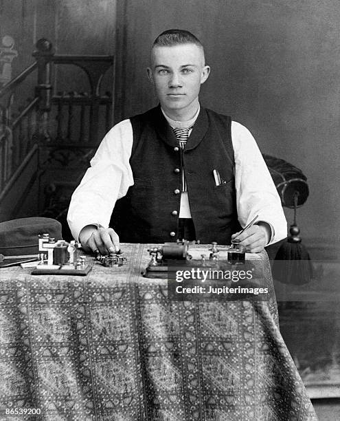 vintage portrait of telegraph operator - telegraph machine stock pictures, royalty-free photos & images