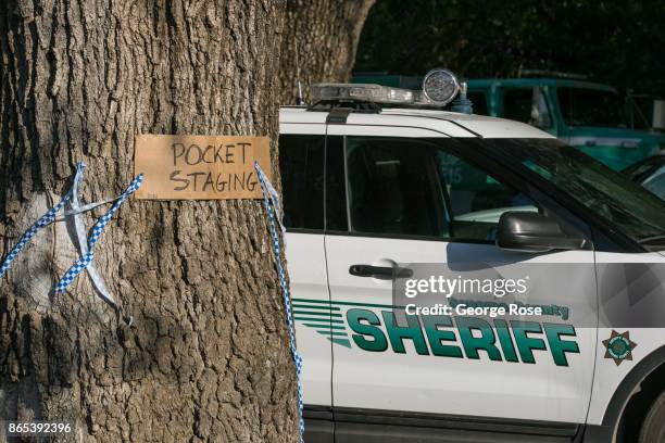 The staging area for the Pocket Fire, a separate blaze burning northwest of The Tubbs Fire, is viewed on October 12 in Geyserville, California. State...