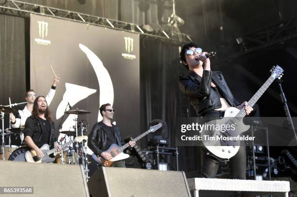 Arejay Hale, Joe Hottinger, Josh Smith, and Lzzy Hale of Halestorm perform during the Monster Energy Aftershock Festival at Discovery Park on October...