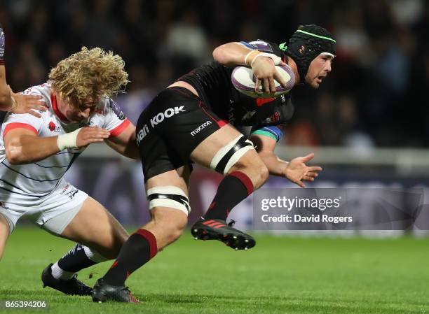 Liam Gill of Lyon breaks with the ball during the European Rugby Challenge Cup match between Lyon and Sale Sharks at Matmut Stade de Gerland on...