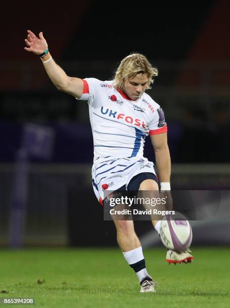 Faf de Klerk of Sale kicks the ball upfield during the European Rugby Challenge Cup match between Lyon and Sale Sharks at Matmut Stade de Gerland on...