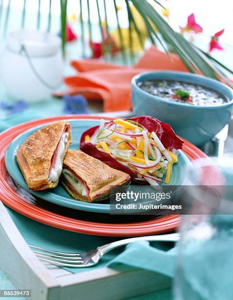 ham and cheese panini with jicama salad and black bean soup - jicama stock-fotos und bilder