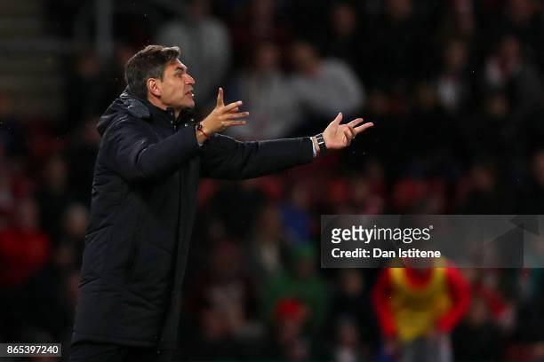 Mauricio Pellegrino, manager of Southampton reacts on the touchline during the Premier League match between Southampton and West Bromwich Albion at...