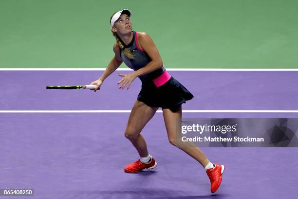 Caroline Wozniacki of Denmark fades back for a shot while playing Elina Svitolina of Ukraine during day 2 of the BNP Paribas WTA Finals Singapore...