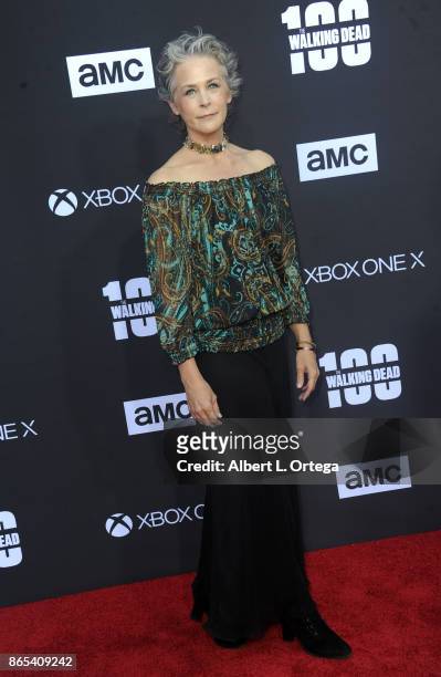Actress Melissa McBride arrives for the AMC Celebration of The 100th Episode Of "The Walking Dead" held at The Greek Theatre on October 22, 2017 in...