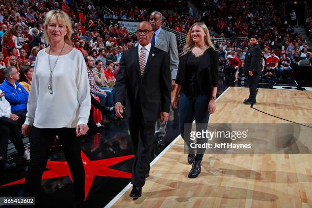 Referee, Dan Crawford is honored during halftime of the San Antonio Spurs game against the Chicago Bulls on October 21, 2017 at the United Center in...