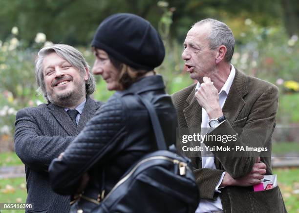 Richard Herring and Arthur Smith at the funeral of comedian Sean Hughes at Islington and Camden Cemetery in London.