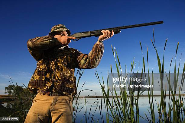 hunter aiming rifle near reeds - vogeljagd stock-fotos und bilder