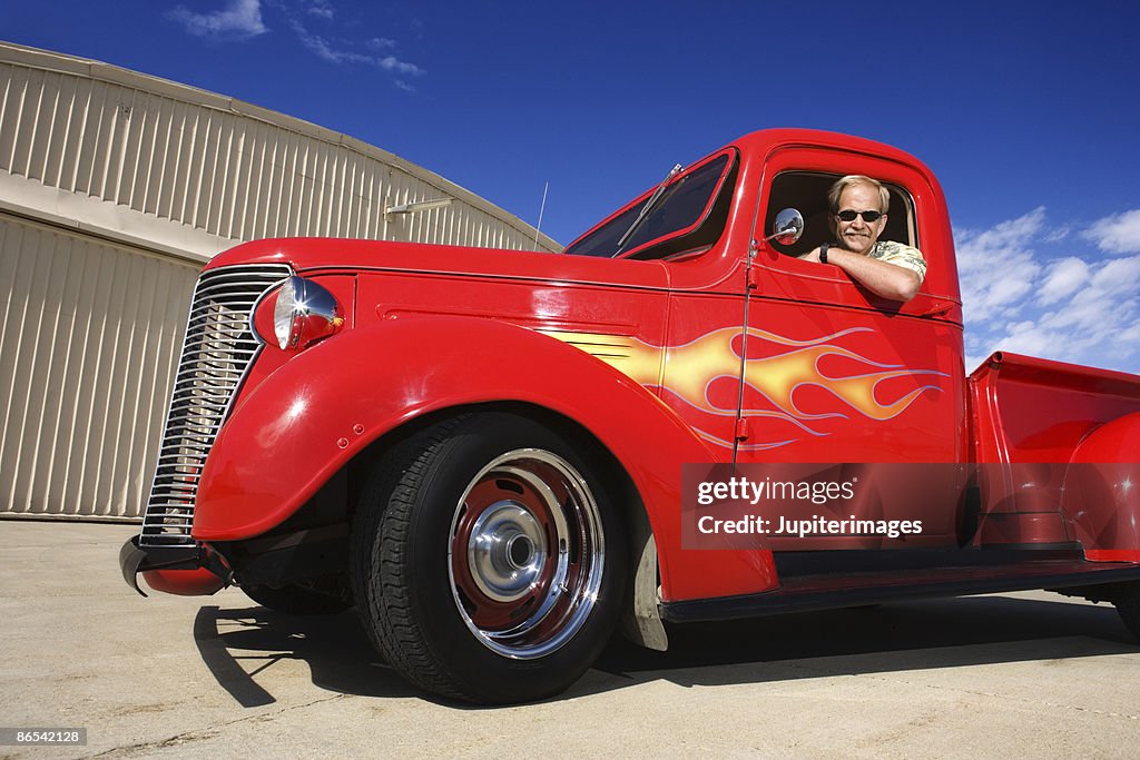 Man in vintage truck