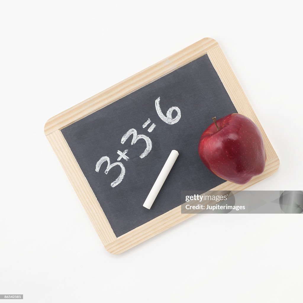 Chalkboard with math equation, and apple
