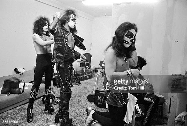 Singer-guitarist Paul Stanley, bassist Gene Simmons, drummer Peter Criss and guitarist Ace Frehley of Kiss prepare to perform at Alex Cooley's...
