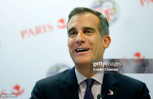 Los Angeles mayor Eric Garcetti delivers a speech prior to signing a partnership agreement regarding the Olympic Games with Paris Mayor Anne Hidalgo...