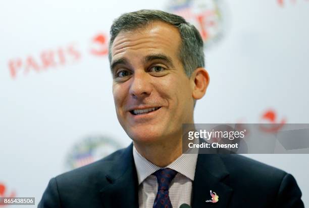 Los Angeles mayor Eric Garcetti delivers a speech prior to signing a partnership agreement regarding the Olympic Games with Paris Mayor Anne Hidalgo...