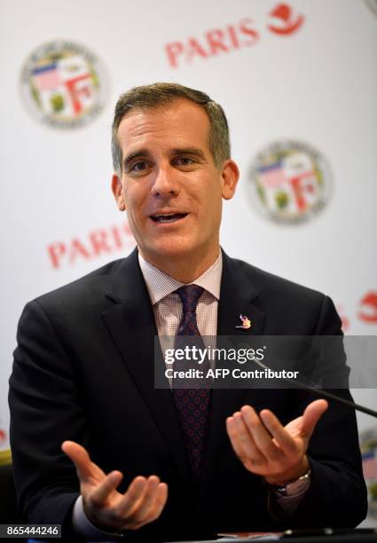 Los Angeles mayor Eric Garcetti speaks during the signing of an Olympic twinning cooperation agreement with the Paris mayor, ahead of the 2024 and...