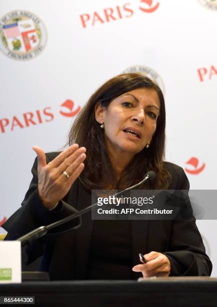 Paris mayor Anne Hidalgo speaks during the signing of an Olympic twinning cooperation agreement with the Los Angeles mayor, ahead of the 2024 and...