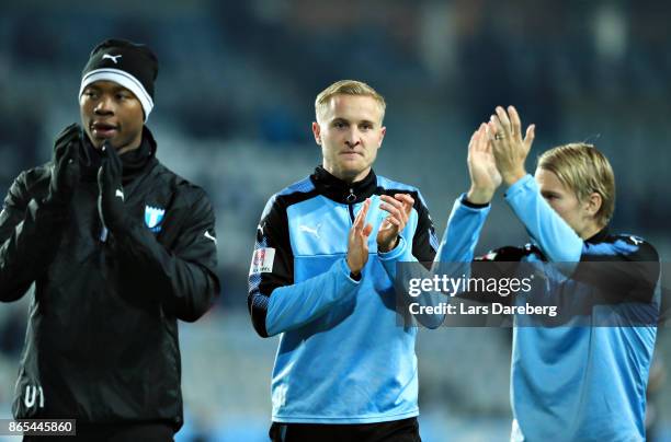 Carlos Strandberg, Franz Brorsson and Oscar Lewicki of Malmo FF during the allsvenskan match between Malmo FF and AIK at Swedbank Stadion on October...