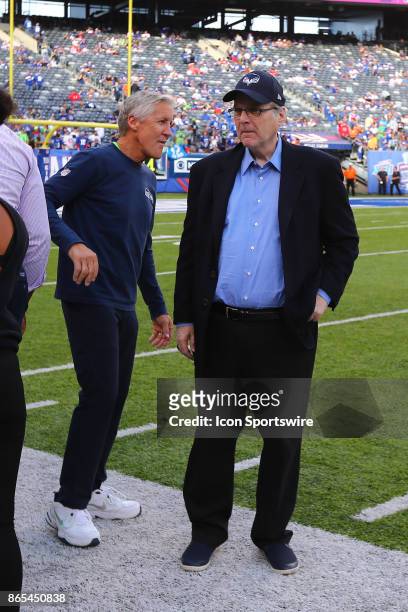 Seattle Seahawks Owner Paul Allen and Seattle Seahawks head coach Pete Carroll on the field prior to the National Football League game between the...