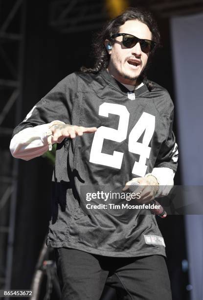 Members of Hollywood Undead perform during the Monster Energy Aftershock Festival at Discovery Park on October 22, 2017 in Sacramento, California.