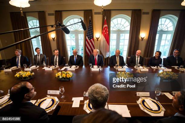 President Donald Trump welcomes Prime Minister Lee Hsien Loong of Singapore to the Cabinet Room before a working lunch between the two at the White...