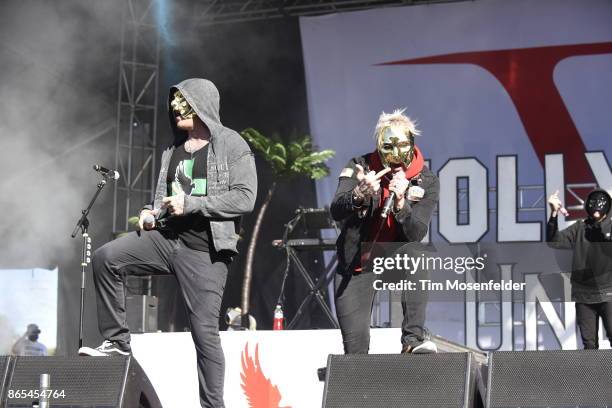 Members of Hollywood Undead perform during the Monster Energy Aftershock Festival at Discovery Park on October 22, 2017 in Sacramento, California.