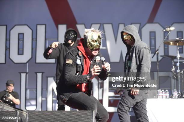 Members of Hollywood Undead perform during the Monster Energy Aftershock Festival at Discovery Park on October 22, 2017 in Sacramento, California.