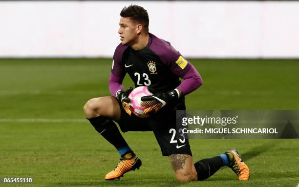 Brazil's Ederson is seen during the FIFA 2018 World Cup qualifier football match against Chile in Sao Paulo, Brazil, on October 10, 2017.