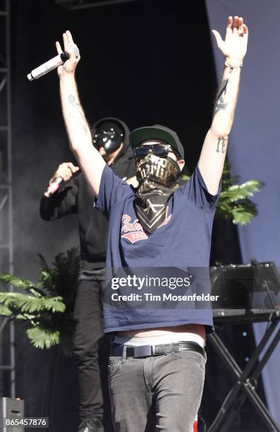 Members of Hollywood Undead perform during the Monster Energy Aftershock Festival at Discovery Park on October 22, 2017 in Sacramento, California.