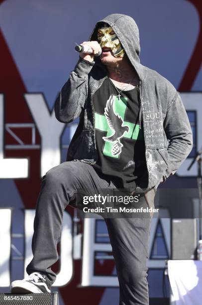 Members of Hollywood Undead perform during the Monster Energy Aftershock Festival at Discovery Park on October 22, 2017 in Sacramento, California.