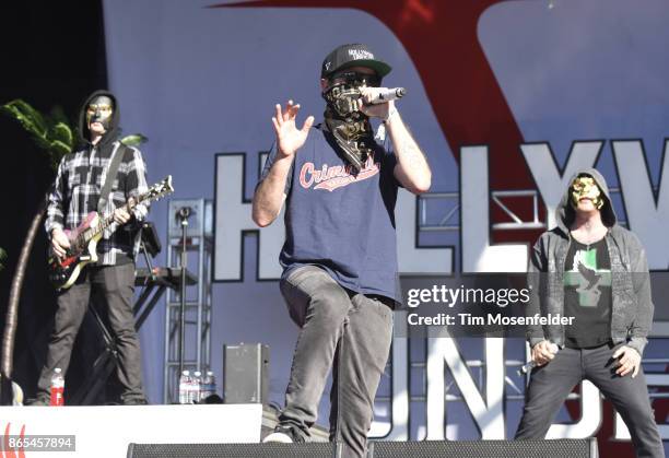 Members of Hollywood Undead perform during the Monster Energy Aftershock Festival at Discovery Park on October 22, 2017 in Sacramento, California.