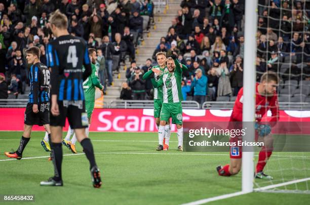 Sander Svendsen of Hammarby IF celebrates after scoring 2-0 during the Allsvenskan match between Hammarby IF and IK Sirius FK at Tele2 Arena on...