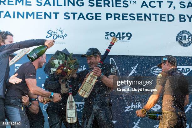 Extreme Sailing Team' shown here celebrating after winning Act 8 of the Extreme Sailing Series in San Diego. Skippered by Rasmus K¿stner and helmed...