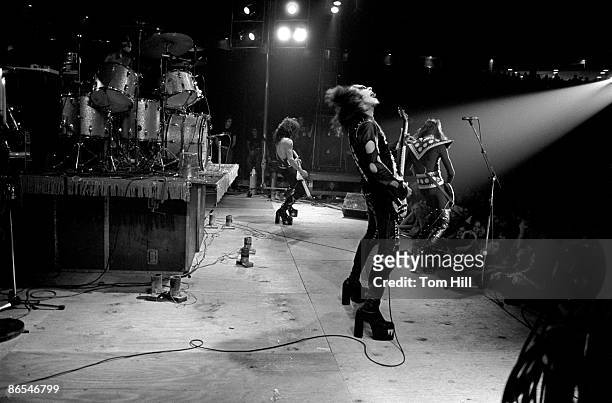 Atlanta – November 23: Drummer Peter Criss, singer-guitarist Paul Stanley, bassist Gene Simmons and guitarist Ace Frehley of Kiss perform at Georgia...