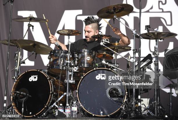 David "Valentino" Arteaga with Of Mice & Men performs during the Monster Energy Aftershock Festival at Discovery Park on October 22, 2017 in...