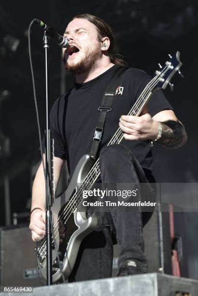 Aaron Pauley with Of Mice & Men performs during the Monster Energy Aftershock Festival at Discovery Park on October 22, 2017 in Sacramento,...