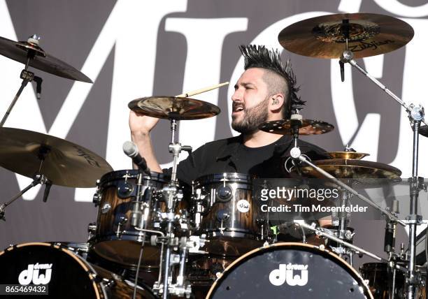 David "Valentino" Arteaga with Of Mice & Men performs during the Monster Energy Aftershock Festival at Discovery Park on October 22, 2017 in...