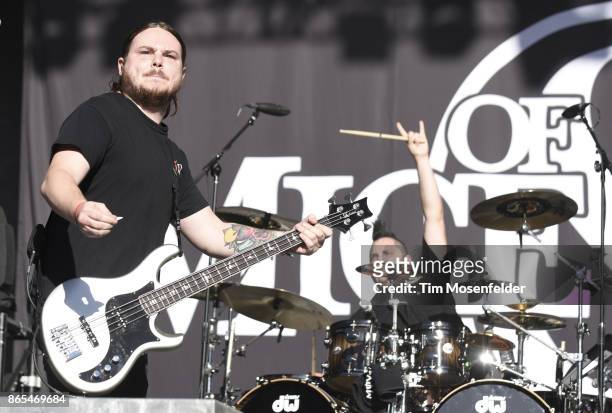 Aaron Pauley and David "Valentino" Arteaga with Of Mice & Men perform during the Monster Energy Aftershock Festival at Discovery Park on October 22,...