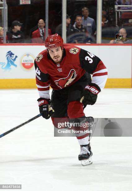 Zac Rinaldo of the Arizona Coyotes skates up ice against the Chicago Blackhawks at Gila River Arena on October 21, 2017 in Glendale, Arizona.