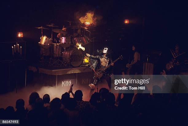 Drummer Peter Criss, bassist Gene Simmons, singer-guitarist Paul Stanley and guitarist Ace Frehley of Kiss perform at Alex Cooley's Electric Ballroom...