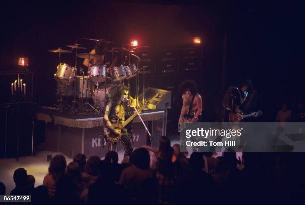 Drummer Peter Criss, bassist Gene Simmons, singer-guitarist Paul Stanley and guitarist Ace Frehley of Kiss perform at Alex Cooley's Electric Ballroom...