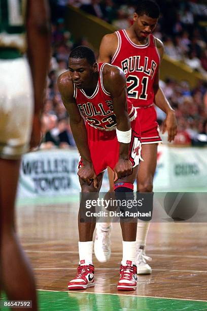 Michael Jordan of the Chicago Bulls catches his breath against the Boston Celtics in Game One of the Eastern Conference Quarterfinals during the 1986...