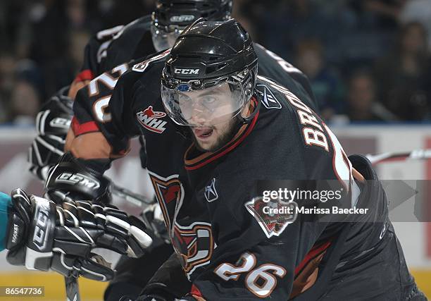 Joel Broda of the Calgary Hitmen skates against the Kelowna Rockets on May 4, 2009 at Prospera Place in Kelowna, Canada.