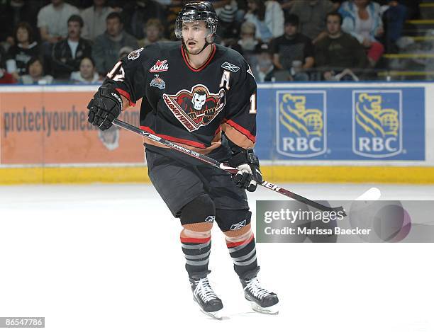 Brett Sonne of the Calgary Hitmen skates against the Kelowna Rockets on May 4, 2009 at Prospera Place in Kelowna, Canada.