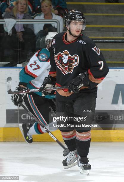 Keith Seabrook of the Calgary Hitmen skates against the Kelowna Rockets on May 4, 2009 at Prospera Place in Kelowna, Canada.