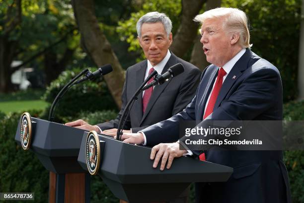 President Donald Trump and Singapore Prime Minister Lee Hsien Loong deliver joint statements to the news media in the Rose Garden of the White House...
