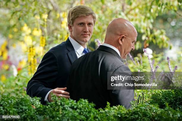 Vice President Mike Pence's Chief of Staff Nick Ayers and National Security Advisor H.R. McMaster arrive in the Rose Garden before President Donald...