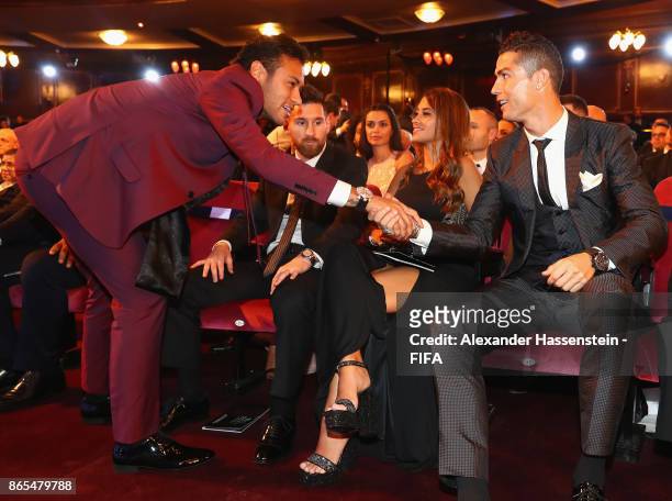 Neymar and Cristiano Ronaldo greet each other during The Best FIFA Football Awards at The May Fair Hotel on October 23, 2017 in London, England.