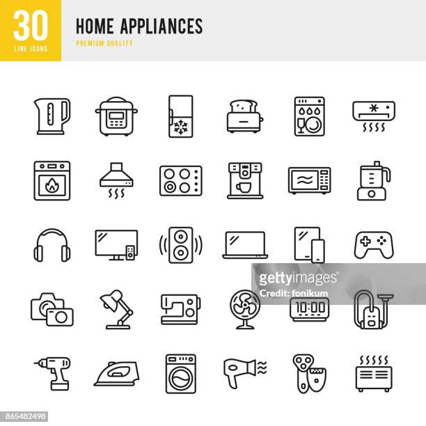 home appliances - set of thin line vector icons - microwave stock illustrations