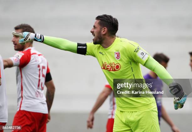 Goalkeeper Philipp Pentke of Regensburg reacts during the Second Bundesliga match between FC Erzgebirge Aue and SSV Jahn Regensburg at...